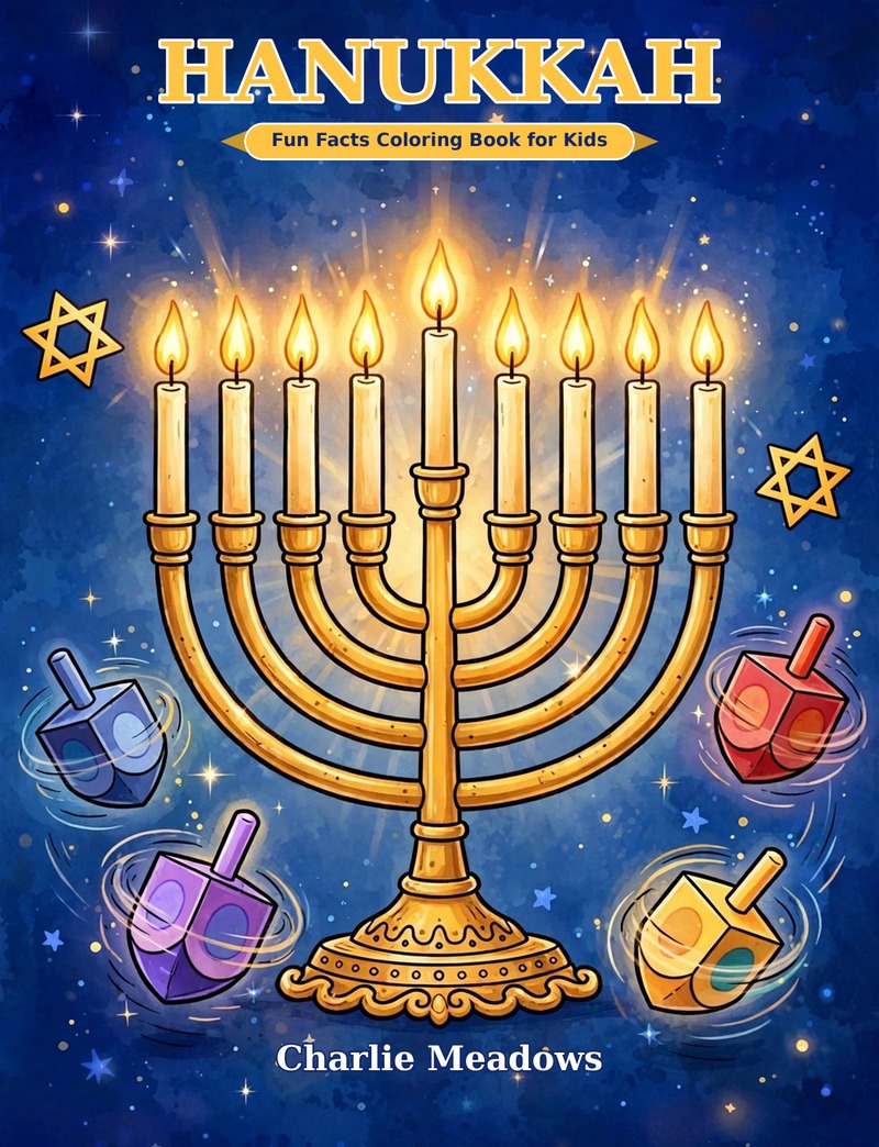 Cover of Hanukkah Fun Facts Coloring Book for Kids by Charlie Meadows
