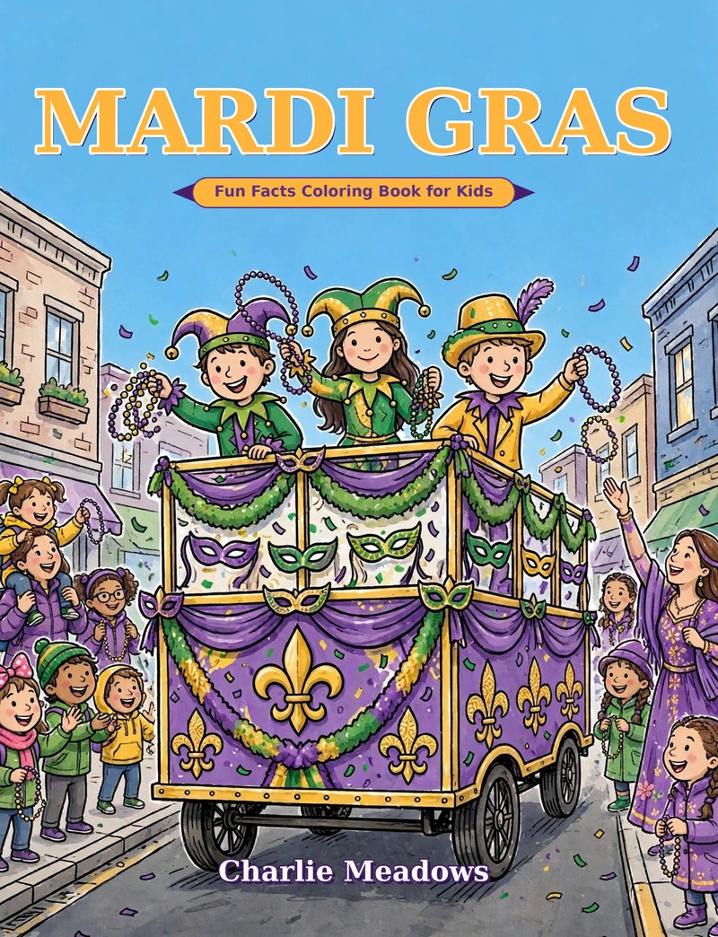 Cover of Mardi Gras Fun Facts Coloring Book for Kids by Charlie Meadows