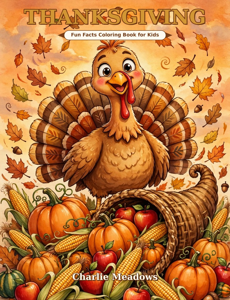 Cover of Thanksgiving Fun Facts Coloring Book for Kids by Charlie Meadows